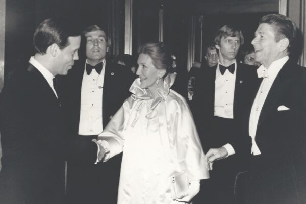 Historical photo of Ronald Reagan and his wife visiting the hotel, black and white