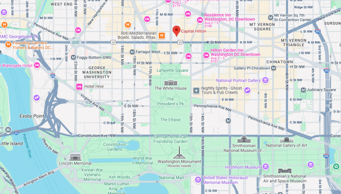 Map of the Washington DC with a pin dropped on the Capitol Hilton Hotel